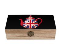 British Tea UK Teapot Union Jack Flag Wooden Box with Hinged Lid Decorative Wood Storage Box Cabinet Container for Home Office