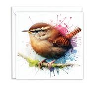 British Wren Wild Birds Watercolour Splash Effect Artistic Blank Greeting Card