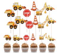 BRITIVIVE Pack of 24 Digger Cake Decoration Birthday Boy Cake Decoration Construction Site Cake Decoration Digger Birthday Decoration Construction Vehicle Traffic Signs Cupcake Topper for Children's