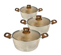 Britly Die Cast Cooking Pot Granite Coating Stock Pot with Tempered Glass Lid, 3-Piece Non-Stick Cooking Pot, Cool Touch Handles, Suitable for Induction (Cream)