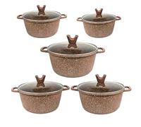 Britly Die Cast Cooking Pot Granite Coating Stock Pot with Tempered Glass Lid, 5-Piece Non-Stick Cooking Pot, Cool Touch Handles, Suitable for Induction - Coffee Shade