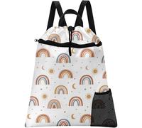 Britown Boho Rainbow Drawstring Backpack, 15” x 17” Waterproof Swim Bag for Beach Swimming Pool, Lightweight Foldable Gym Bag with Water Bottle Holder for Sports Travel