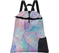 Britown Mermaid Tail Drawstring Backpack, 15” x 17” Waterproof Swim Bag for Beach Swimming Pool, Lightweight Foldable Gym Bag with Water Bottle Holder for Sports Travel