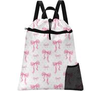 Britown Pink Bow Grid Drawstring Backpack, 15” x 17” Waterproof Swim Bag for Beach Swimming Pool, Lightweight Foldable Gym Bag with Water Bottle Holder for Sports Travel