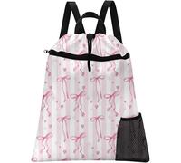 Britown Pink Ribbon Bow Drawstring Backpack, 15” x 17” Waterproof Swim Bag for Beach Swimming Pool, Lightweight Foldable Gym Bag with Water Bottle Holder for Sports Travel