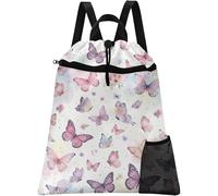 Britown Watercolor Butterfly Drawstring Backpack, 15” x 17” Waterproof Swim Bag for Beach Swimming Pool, Lightweight Foldable Gym Bag with Water Bottle Holder for Sports Travel