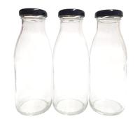 Britten & James 250ml Retro Glass Milk Bottle with Black Lid (Pack of 3). Cute Practical Small Jars - for Homemade Milk and Yoghurts, Decoration and Weddings