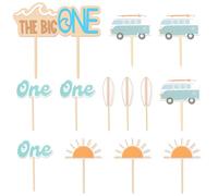 Briwooody 13 Pcs the Big One Cake Topper Wooden Wave Surf First Birthday Decorations Surfboard Hippie Bus Sun Smash Cupcake Photo Props for Summer Holiday Birthday Party