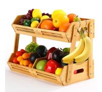 Briwooody 2 Tier Fruit Basket 16.5 Inch Large Fruit Basket with Four Banana Hooks Vegetables Storage Bowl Stand Holder for Kitchen Counter Onion Storage Bread Pantry (Bamboo)