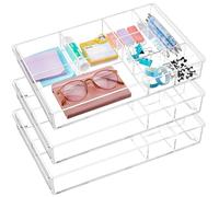 Briwooody 3 Pack Stackable Clear Drawer Organizer Trays 13.7" x 8.7" x 2" Plastic Acrylic Drawer Divider for Desk with 8 Compartments for Pens Paper Clips Sticky Notes Office Bathroom Arrangement