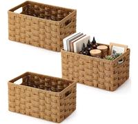 Briwooody 3 Pcs Wicker Basket for Shelves Natural Seagrass Woven Rectangular Storage Baskets with Built in Handles 13 x 8.3 x 6.7 '' Kitchen Wicker Storage Bins for Home Bathroom Pantry (Brown)