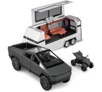 BrixStation Tesla Cybertruck Model Car, Cyber Truck Toy with Motorhome, Beach Motorcycle, 1:32 Die-Cast Alloy Pickup Trailer Model Kit with Light and Sound, for Children Ages 3 and Up - (Black)