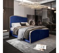 Brixton Upholstered Soft Velvet Metal Bed Frame - Blue