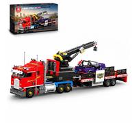 BrixVibe City Heavy Semi Truck Building Set with Trailer for Teens | Compatible with Lego Vehicle, American Flatbed Hauler Toy with Crane and Off-Road Car, Gift for Age 14+ and Adult (1387 PCS)