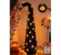 Brizled Prelit Black Halloween Tree, 5 ft Fall Tree with LED Pumpkin Lights | Collapsible Pop Up; Whimsical Crooked Neck; Battery Orange Lighted Tree; Tinsel Pencil Artificial Tree for Outdoor Indoor