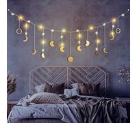 Brmeday Moon Phase Wall Hanging Decor with LED String Light, 13 Gold Wood Boho Moons, 56'' Cascade Wall Decor for Bedroom, Living Room, Valentine's Day Gifts