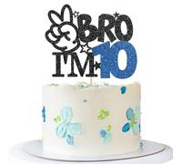 Bro I'm 10 Cake Topper - Boy 10th Birthday Cake Supplies - Ten Years Old - Big Brother 10th Birthday Party Decoration - Black Blue Glitter