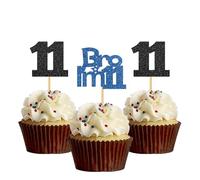 Bro I'm 11 Cupcake Toppers - Boy Eleven Years Old Bithday - Happy 11th Birthday Party Decoration Supplies Black Blue Glitter - 24 Pcs