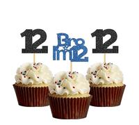 Bro I'm 12 Cupcake Toppers - Boy Twelve Years Old Bithday - Happy 12th Birthday Party Decoration Supplies Black Blue Glitter - 24 Pcs
