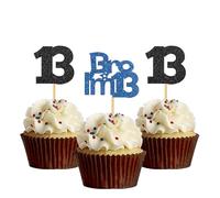 Bro I'm 13 Cupcake Toppers - Boy Thirteen Years Old Bithday - Happy 13th Birthday Party Decoration Supplies Black Blue Glitter - 24 Pcs