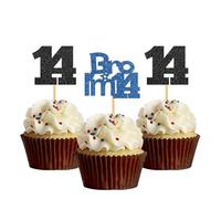 Bro I'm 14 Cupcake Toppers - Boy Fourteen Years Old Bithday - Happy 14th Birthday Party Decoration Supplies Black Blue Glitter - 24 Pcs
