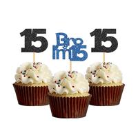 Bro I'm 15 Cupcake Toppers - Boy Fifteen Years Old Bithday - Happy 15th Birthday Party Decoration Supplies Black Blue Glitter - 24 Pcs