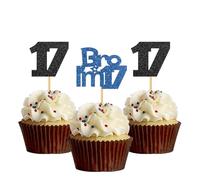Bro I'm 17 Cupcake Toppers - Boy Seventeen Years Old Bithday - Happy 17th Birthday Party Decoration Supplies Black Blue Glitter - 24 Pcs
