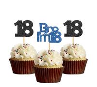 Bro I'm 18 Cupcake Toppers - Boy Eighteen Years Old Bithday - Happy 18th Birthday Party Decoration Supplies Black Blue Glitter - 24 Pcs