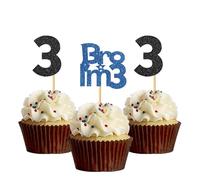Bro I'm 3 Cupcake Toppers - Boy Three Years Old Bithday - Happy 3rd Birthday Party Decoration Supplies Black Blue Glitter - 24 Pcs