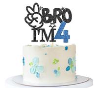 Bro I'm 4 Cake Topper - Boy 4th Birthday Cake Supplies - Four Years Old - Big Brother 4th Birthday Party Decoration - Black Blue Glitter