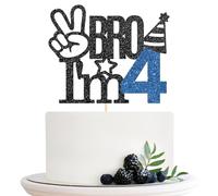 Bro I'm 4 Cake Topper, Boy's 4th Birthday Cake Topper, Big Brother 4 Years Old Birthday Party Decoration Supplies - Blue Glitter - Black Glitter