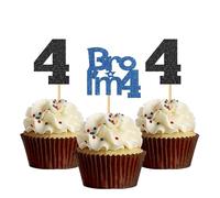 Bro I'm 4 Cupcake Toppers - Boy Four Years Old Bithday - Happy 4th Birthday Party Decoration Supplies Black Blue Glitter - 24 Pcs