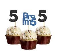 Bro I'm 5 Cupcake Toppers - Boy Five Years Old Bithday - Happy 5th Birthday Party Decoration Supplies Black Blue Glitter - 24 Pcs