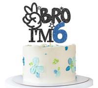 Bro I'm 6 Cake Topper - Boy 6th Birthday Cake Supplies - Six Years Old - Big Brother 6th Birthday Party Decoration - Black Blue Glitter