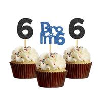 Bro I'm 6 Cupcake Toppers - Boy Six Years Old Bithday - Happy 6th Birthday Party Decoration Supplies Black Blue Glitter - 24 Pcs