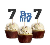 Bro I'm 7 Cupcake Toppers - Boy Seven Years Old Bithday - Happy 7th Birthday Party Decoration Supplies Black Blue Glitter - 24 Pcs