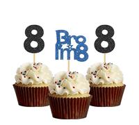 Bro I'm 8 Cupcake Toppers - Boy Eight Years Old Bithday - Happy 8th Birthday Party Decoration Supplies Black Blue Glitter - 24 Pcs