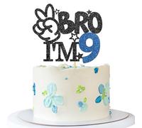 Bro I'm 9 Cake Topper - Boy 9th Birthday Cake Supplies - Nine Years Old - Big Brother 9th Birthday Party Decoration - Black Blue Glitter