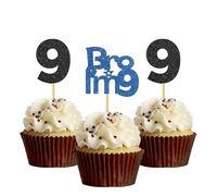 Bro I'm 9 Cupcake Toppers - Boy Nine Years Old Bithday - Happy 9th Birthday Party Decoration Supplies Black Blue Glitter - 24 Pcs