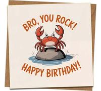 Bro You Rock Funny Birthday Card for Brother - Crab Cartoon Square Greeting, 145mm x 145mm, Blank Inside, Includes Kraft Envelope
