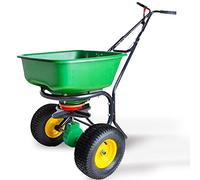 Broadcast Fertilizer Spreader - Walk-Behind Seeder with Ergonomic Armrest, Trigger Control, Pneumatic Wheels, Ideal for Planting Peat Moss and Compost