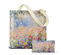 BROADREAM 2 Pack Flower Canvas Tote Bag with Makeup Bag for Women Floral Aesthetic Reusable Grocery Bag with Zipper Large Capacity Shopping Grocery Bags Birthday Gifts for Shool, Travel, Work