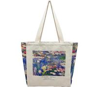 BROADREAM Canvas Tote Bag Aesthetic Shoulder Bag with Zippers and Interior Pocket, Monet Water Lillies, L