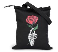 BROADREAM Cute Halloween Canvas Tote Bag, Vintage Gothic Aesthetic Reusable Shoulder Bag with Zipper, Skull & Rose, L