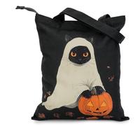 BROADREAM Cute Halloween Canvas Tote Bag, Vintage Gothic Aesthetic Reusable Shoulder Bag with Zipper, Ghost & Pumpkin, L