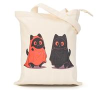 BROADREAM Cute Halloween Canvas Tote Bag, Vintage Gothic Aesthetic Reusable Shoulder Bags with Zipper, 2 Ghost Cat, L