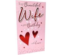 BROADWALK DESIGNS Extra Large Birthday Card for Wife 29.5 x 17 Cm (11.6 x 6.7 inches) Pink with Red Hearts to My Beautiful Wife On Your Birthday with Love Heartfelt Message Inside