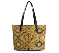 Brocade Pattern in Yellow And Gray Tote Bag Large Soft Leather Purse with Zipper Lightweight Ladies Shoulder Handbag