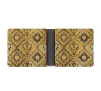 Brocade Pattern in Yellow And Gray Wallet with Money Clip Leather Bifold Wallet Slim Credit Card Holder Gift for Men