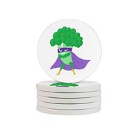 Broccoli Superman Round Diatomaceous Earth Coaster Set - Natural, Eco-Friendly, Fast-Absorbing Circular Coasters (1/2/4/6-Piece Pack) With Full-Print Design & Smooth Rounded Edges